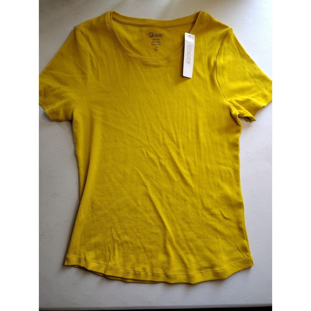 Chicos Mustard Yellow 100% Cotton Short Sleeve Scoop Neck Tee Shirt Size 0 S